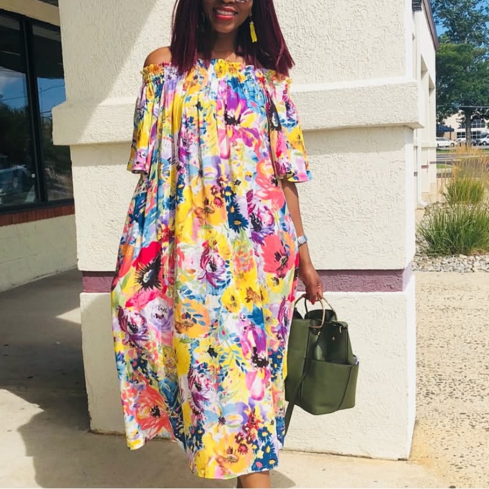 H&M Yellow Pink Off-Shoulder Puff Sleeve Sundress
